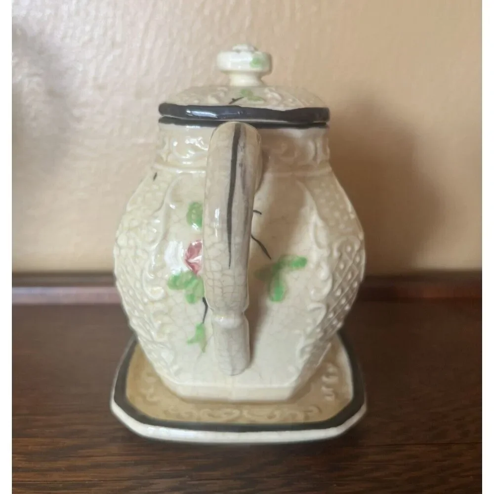 Vtg‎ Moriyama Japan Basketweave Majolica Floral Tea Pot Set Cream Sugar Japan
